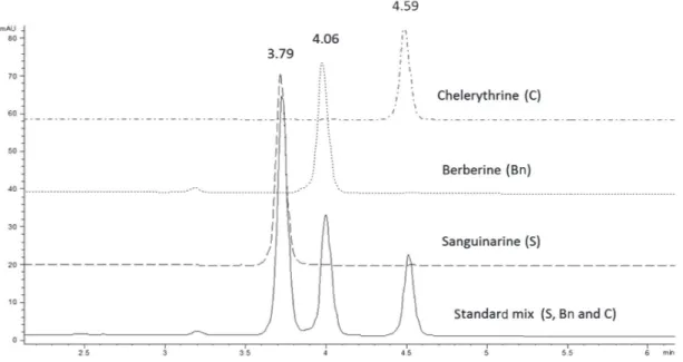 Figure 1. Chromatographic separation of an alkaloid mix, containing sanguinarine (S), berberine (Bn) and chelerythrine (C), on a C18 Hypersil Gold column