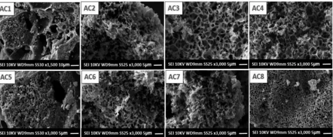 Figure 6. Nitrogen adsorption/desorption isotherms at –196ºC on activated carbons prepared with four activating agent ratios at two different temperatures,  500 ºC (AC1 – AC4) and 600 ºC (AC5 – AC8)