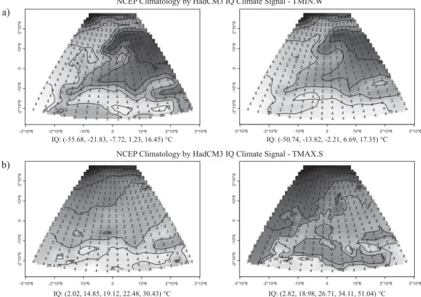 Figure 9 – Spatial Interquartile (IQ thresholds) climate signal by the HadCM3 Simulations classiﬁ cation with the  interpolated isotherms from the NCEP Reanalyses (a) minimum, (b) maximum).