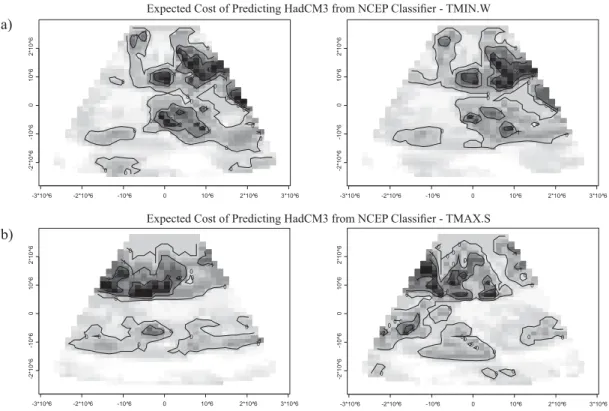 Figure 10 – The spatial Relative Risk via Discriminant Analysis of the Bayesian Classiﬁ cation based on the NCEP  Reanalyses IQ climate signal (a) minimum, (b) maximum designed for the HadCM3 Simulations.