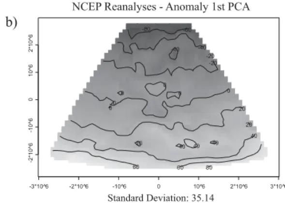 Figure 7 – Spatial PCA for the maximum extreme temperature anomaly deﬁ ned by the (a, c) HadCM3 Simulations and the  (b, d) NCEP Reanalyses.