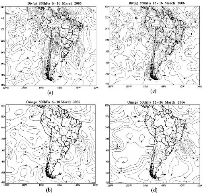 Figure 10 –  Composites of 850-hPa moisture lux divergence (10-6 s -1 ) and 500-hPa vertical velocity (Pa s -1 ) for a rainy episode (a, b) and a  nonrainy episode (c, d).