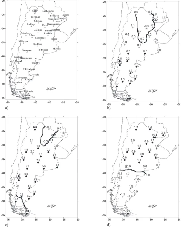 Figure 3 - a). Stations used. Mean temperature anomalies when I is calculated at b) 100ºW, c) 70ºW and  d) 40ºW .• Stations where mean temperature  anomalies during episodes of strong westerly low are signiicantly different from those corresponding to the 