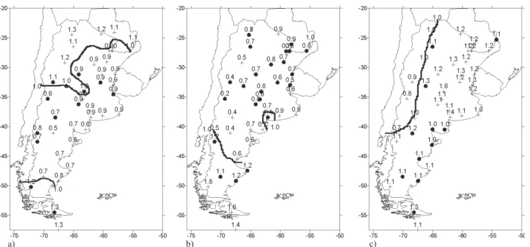Figure 4 - Mean r ields when a) I100, b) I70 and  c) I40. Idem igure 3, but for precipitation frequency.