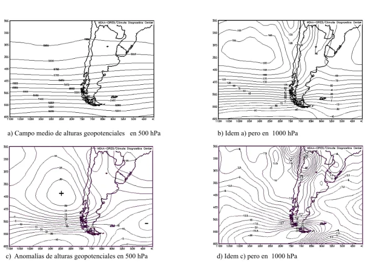 Figura 8 -  Campos medios trimestrales de alturas geopotenciales en 500 ( a) y 1000 hPa ( b) y sus anomalías (c y d) correspondientes al 1º trim.