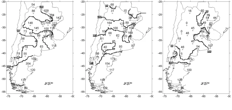 Figura 2 -  Porcentaje de la precipitación acumulada respecto a la normal, de los cuatro trimestres de 2003 (a, b, c y d), primero de 2004 (e) y  anual de 2003 (e).