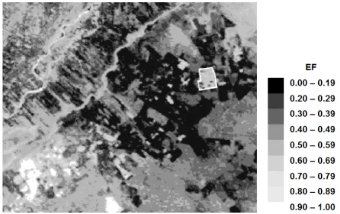 Figure 10 - Spatial distribution of instantaneous evaporative fraction  estimated by SEBAL, in 10/24/2005, to semi-arid region of Brazil,  with highlight to banana orchard area.
