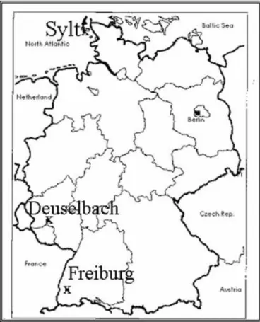 Figure 1 - This Figure illustrates the Germany map with the stations  Sylt-Westerland,  Deuselbach  and  Freiburg-am  Breslau,  including  Hauptstadt Berlin.