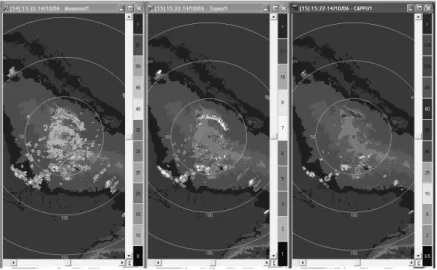 Figure 3  - Operational radar display showing simultaneous distributions of maximum radar relectivity (left window), cloud top height (central  window), and precipitation intensity (right window)., for October 10, at 15: 22 LDT