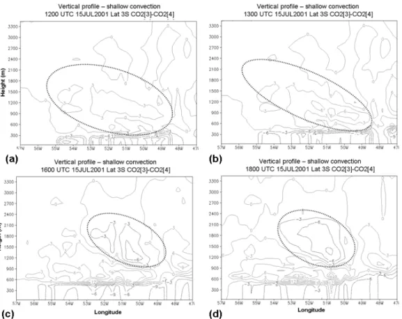 Figure 8 - Difference between the tracers CO2[3] and CO2[4], where the blue lines indicate the role of shallow convection when it is active in the  morning (1200 and 1300 UTC) over a PBL  still rich in CO2