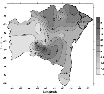 Figure 2 - Spatial distribution of trends of consecutive dry days (CDD)  in days/year for the states of Bahia and Sergipe.