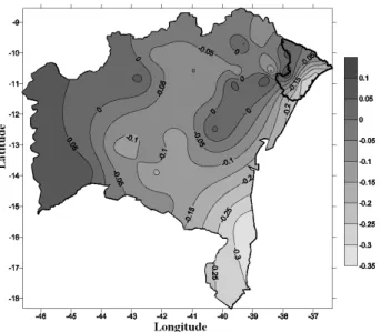 Figure 4 -Spatial distribution of trends in total annual rainfall  (PRCPTOT) in mm for the states of Bahia and Sergipe.