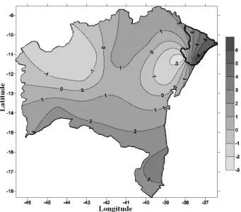 Figure 10 - Spatial distribution of trends in daily intensity index Simple  (SDII), mm / day, for the states of Bahia and Sergipe.