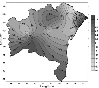 Figure 12 - Spatial distribution of trends in the Maximum amount  of rainfall for ive consecutive days (Rx5day) in mm for the states of  Bahia and Sergipe.
