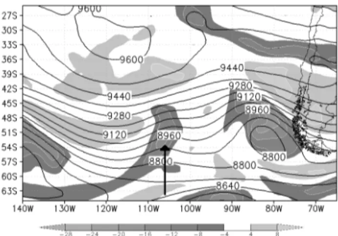Figura 2 - Presión a  nivel medio de mar (líneas negras, c/3 hPa) y espesor 850/300 hPa (sombreado, c/100 mgp).