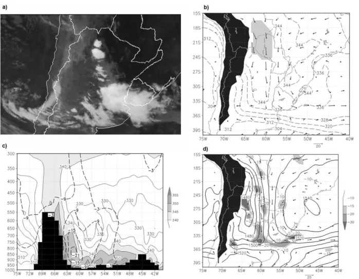 Figura 8 - 28/03/07 0600 UTC: a) Imagen de satélite GOES-12 en el canal infrarrojo para las 0545 UTC, b) Convergencia de lujo de humedad  (sombreado, g Kg -1 día -1 ), altura geopotencial (líneas, c/10 mgp) y viento en 850 hPa c) Corte vertical en 22º S de