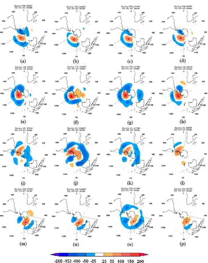 Figure 2 - Composites of 500 hPa anomalous geopotential height (shaded, mgp) using ECMWF data, for blocking episodes in the (a, e, i, m) spring,  (b, f, j, n) summer, (c, g, k, o) autumn, (d, h, l, p) winter