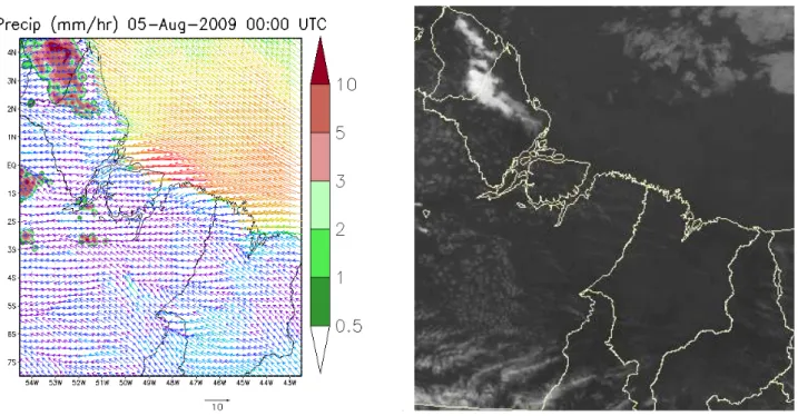 Figure 9 - Same as Fig. 06, but forecasted between 04 August 2009 18:00 UTC and 24:00 UTC (left), and GOES satellite image for 04 August  2009 at 20:00 UTC (right).