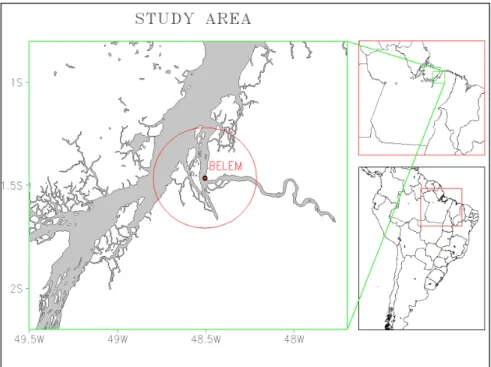 Figure 1 – Area of study with close up image of the 30 km circle drawn through the  Arc GrADS 2.0 software, surrounding the metropolitan area  of the city of Belém.