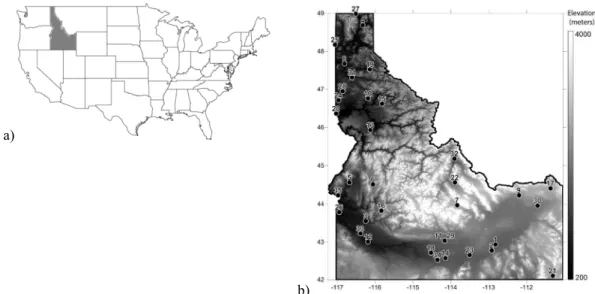 Figure 1 - (a) Map of the USA with the state of Idaho highlighted; and (b) map of elevation of Idaho with the locations of the stations used in this  study
