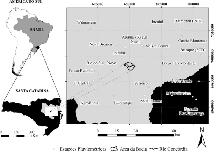 Figura 1 - Localização da área de estudo e das estações pluviométricas de entorno utilizadas na bacia do Ribeirão Concórdia, Lontras – Santa Catarina, Sul do Brasil.