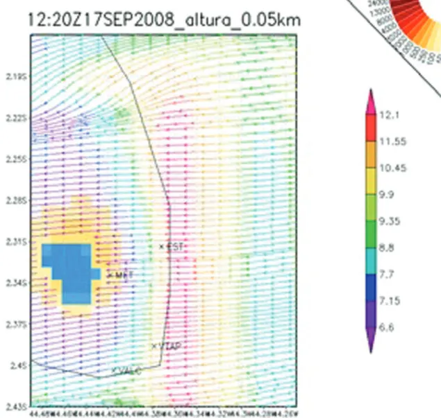 Figura 9 - Variação espacial da concentração de CO 2 (barra em leque no canto superior direito) e linhas de corrente (barra vertical a direita) para o dia 17/09/2008 as 12:20 UTC.