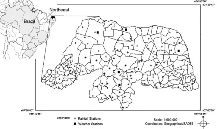 Figura 1 - Location of the sites (rainfall and weather stations) in Rio Grande do Norte, Brazil, used in this work.