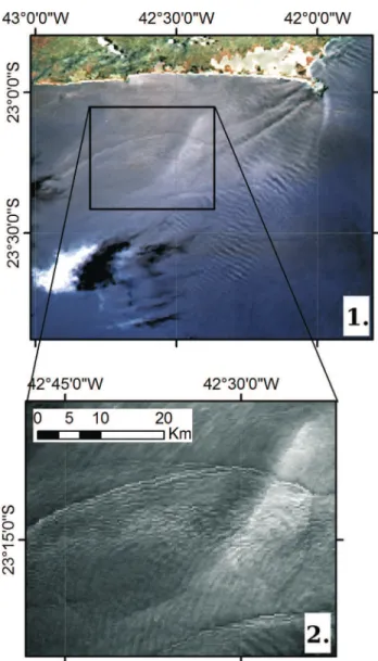 Figura 13 - Exemplo de ondas intenas solitárias (OIS) observadas sobre a plataforma continental próximo à Cabo Frio, RJ em imagem MODIS na condição geométrica de sunglint adquirida em 9/1/2010