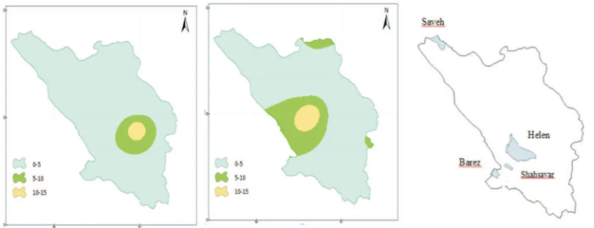 Figure 5- The frequency of drought occurrence from 1983-1998 (the west), 1998-2013 (the east) and forest under oak decline in Chaharmal-Bakhtiyari province.