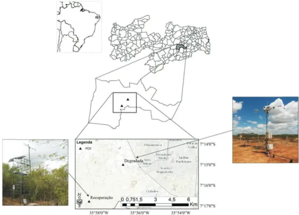 Figura 1 - Localização da área de pesquisa e das torres micrometeorológicas nas áreas de caatinga em recuperação e degradada.