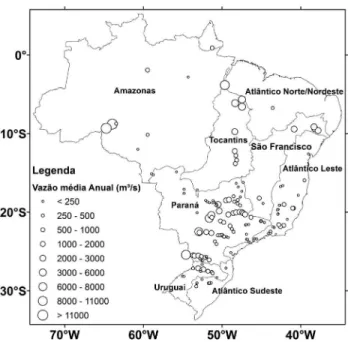 Figura 1 - Vazão média anual dos 163 postos de vazão naturalizada utilizados para o estudo.