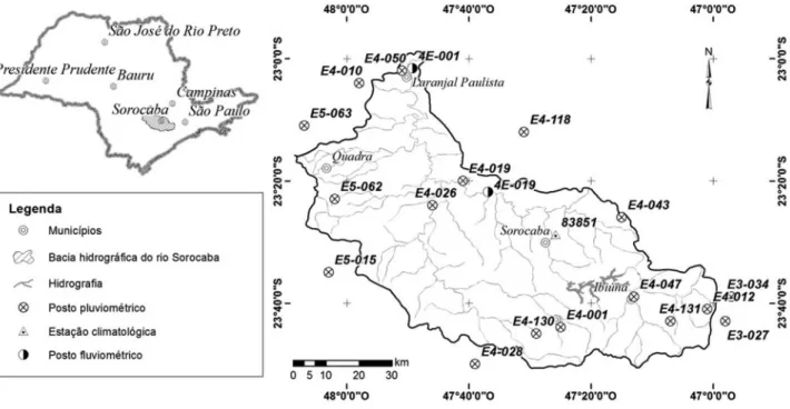 Figura 1 - Localização da bacia hidrográfica do rio Sorocaba/SP e distribuição espacial dos postos pluviométricos, fluviométricos e da estação climatológica.