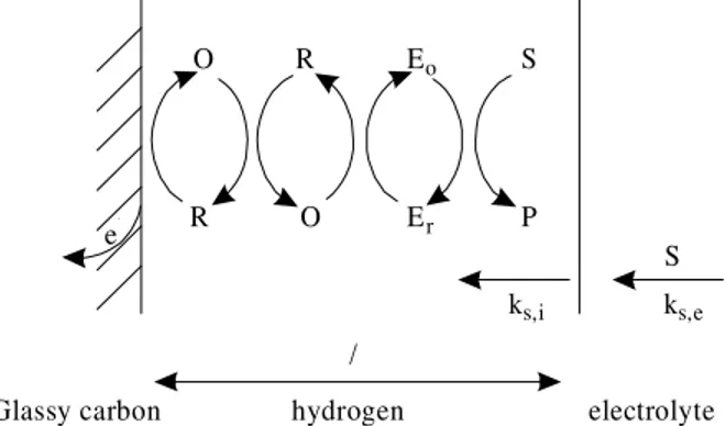 Figure 1.  Schematic representation of the double catalytic redox-enzy- redox-enzy-matic cycle for the transformation of substrate by the enzyme with redox mediated electron transfer to the electrode