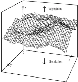 Fig ure 2.  Scheme  of  the  mo bile  in ter face.  Ar rows  in di cate  the  in ter face mo tion for a de po si tion at a solid sub strate and a solid dis so lu tion  process