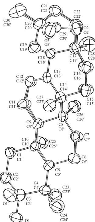 Figure 2.  ORTEP representation of the superposition of the relative molecular structures of compounds  1  and  2  (primed = epiabruslactone) showing the different orientation of the hydroxyl group at C-3.