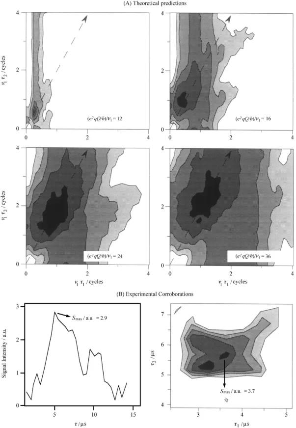 Figure 12.  (A) Application of x-y composite pulses (Fig. 9B) to triple-quantum excitations on spin I = 3/2 powders as a function of irradiation pulse lengths for different (e 2 qQ/h)/υ 1  ratios