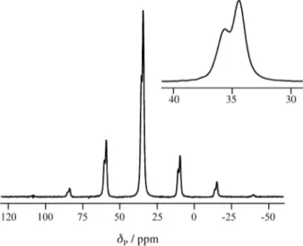 Figure 2. Static  31 P spectrum of amino(triphenyl)phosphonium bromide, obtained at ambient probe temperature, with a full simulation (dashed line) and the simulated subspectra (full lines) below