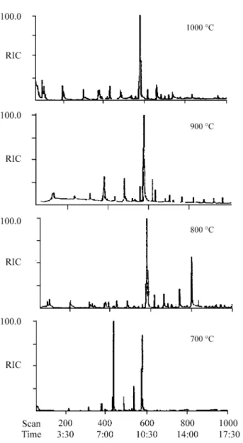 Figure 2. General GC/MS features (TIC) of pyrolysed oils (A1 e A2) Pulp oil; (B1 e B2) Nut oil.