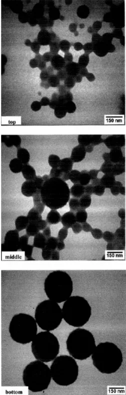 Figure 1. Brightfield transmission electron micrographs of particles from the three fractions collected from the latex.
