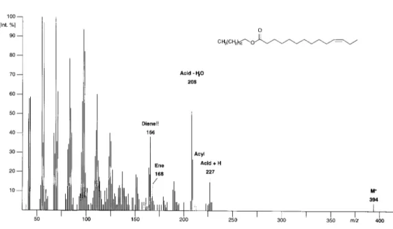 Figure 6. Mass spectrum (70 eV) of dimethyl disulfide derivative of dodecenyl tetradec-11-enoate.