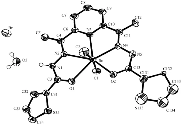 Figure 1. View of the asymmetric unit of [Me 2 Sn(Hdapt)]Br.H 2 O, with labelled atoms and 50% probability ellipsoids.
