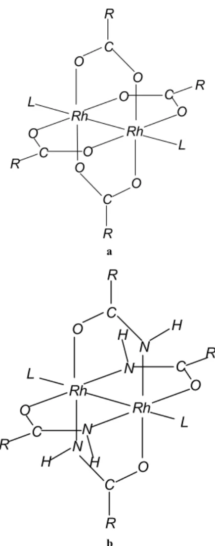 Figure 1.  Generic structures of rhodium(II) carboxylates (a) and amidates (b). Only one of the possible geometric isomers of the amidates is depicted