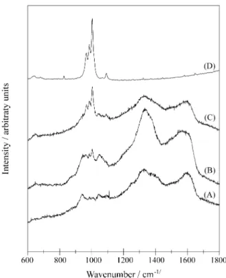 Figure 2.  Raman spectra of: (A), (B) and (C): different points on the surface of a nanocomposite sample; (D): original porous glass-ceramic sample.