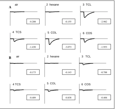 Figure 6. EAG responses of Hypsiphyla grandella females (A) and males (B) to essential oils from Toona ciliata (leaves: TCL, stems: TCS) and Cedrela odorata (leaves: COL, stems: COS) at 10 µ l stimulus load