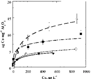 Figure 4.  Adsorption of copper on 3.54% humic acid-coated aluminum oxide (performed in ultra-pure water (squares) and in ultra-pure water with addition of 20 mg HA L -1  (circles)