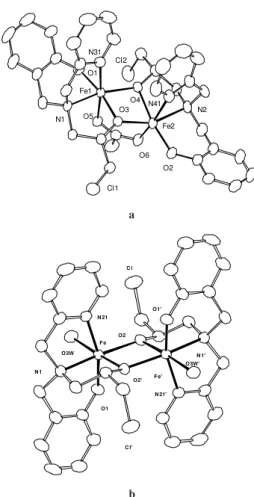 Figure 1.  Molecular structure, selected bond lengths (Å) and angles ( o ) of complex  1  (a): Fe1-O1 1.885(3), Fe1-O4 1.925(3), Fe1-O5 2.017(3), Fe1-O3 2.071(3), Fe1-N31 2.155(4), Fe1-N1 2.171(3), Fe2-O2 1.859(3), Fe2-O3 1.959(3), Fe2-O6 2.034(3), Fe2-O4 