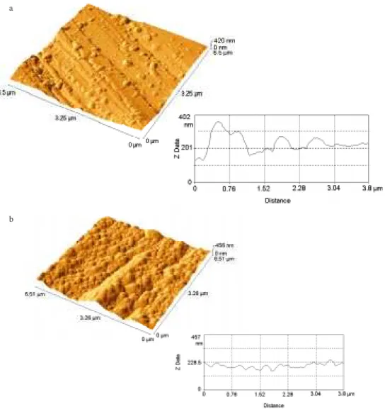 Figure 6 shows the AFM images (6.5 x 6.5µm) of the copper electrocrystallization for each of the  concentra-tions used