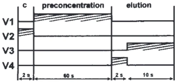 Figure 1.  Diagram of the flow system The three rectangular areas are an overview of the injector-commutator, the shaded box in the center represents the resin column, the dashed lines indicate inner holes, the arrow indicates the sliding bar displacement 