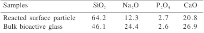 Table 2. EDS analysis on particles within a poly(aryl sulfones)-40 vol.% bioactive glass composite submitted to an  in vitro test (mol% concentration).