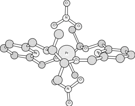Figure 4. [Pr(NO 3 ) 2 •4] +  moiety in X-ray structure of [Pr(NO 3 ) 2 •4] 3 [Pr(NO 3 ) 6 ]